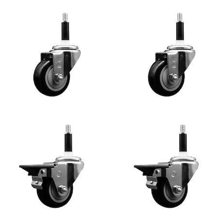 Service Caster 3'' Black Poly Wheel Swivel 7/8'' Expanding Stem Caster Set 2 Brakes, 4PK SCC-EX20S314-PPUB-BLK-2-PLB-2-78